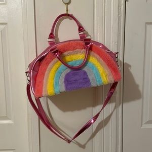 Furry rainbow bag with pink shiny faux leather